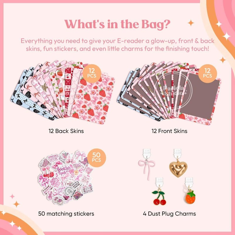 KACIOLA STUDIO 24PCS Pink Bow Skin for E-Reader, and 4PCS Type C Charms for E-Reader with Scrapbook Stickers, 7"x5" Skin Front and Back Decal Inserts for Paper White 12th (Pink Bow) - Image 3
